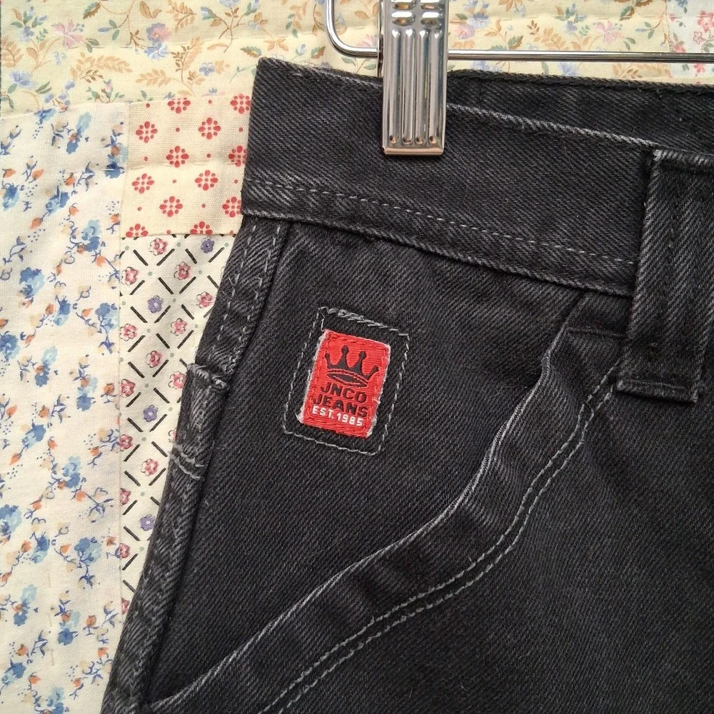 y2k Jnco Black Denim‎ Jeans Size 29x30 Gothic Spellout Double Back Pockets Wide